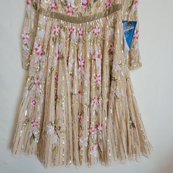14 MAC DUGGAL FLORAL NEUTRAL TAN BEADED TEA LENGTH Stunning DRESS 5415 NWT - Picture 4 of 13